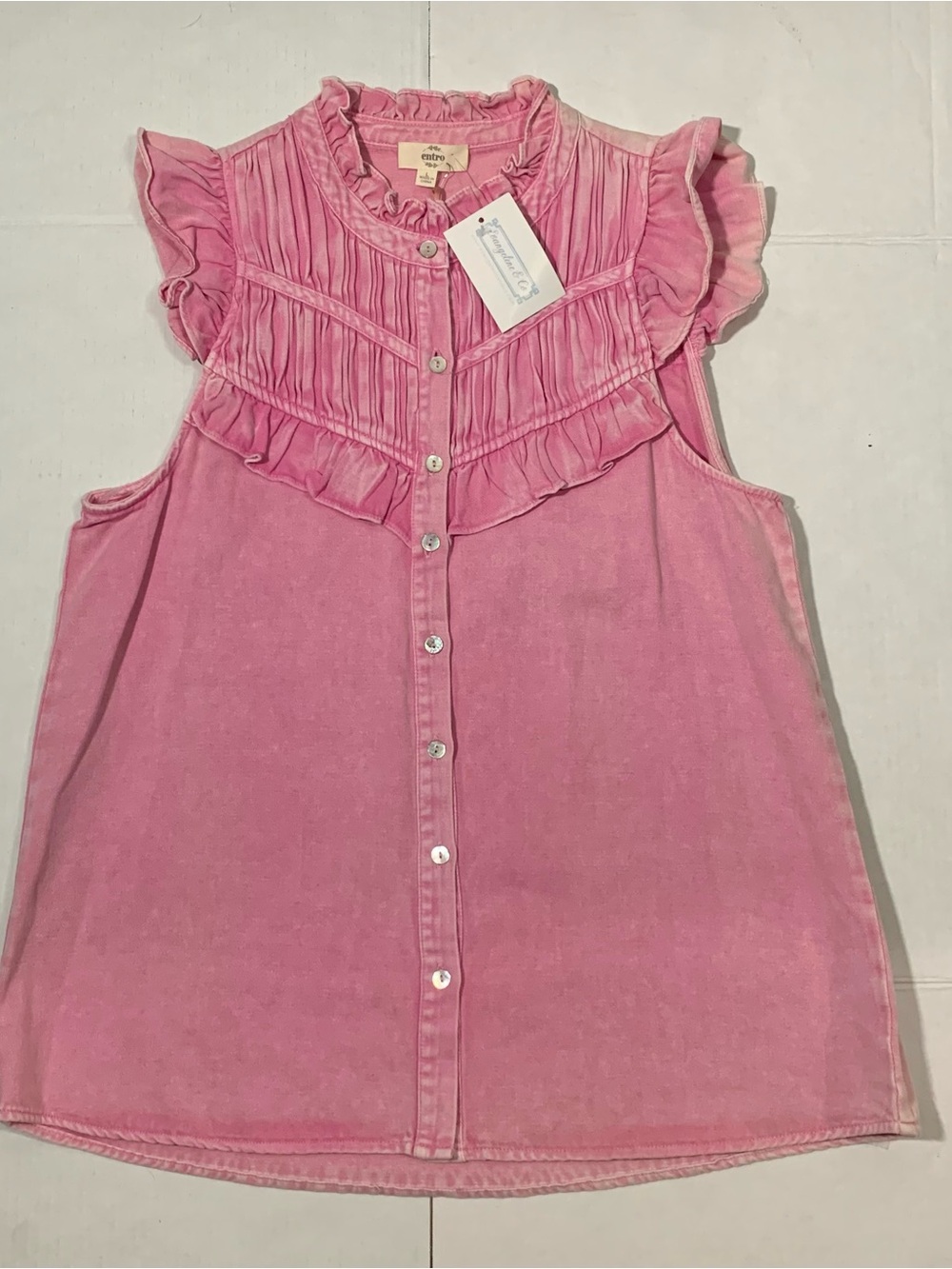 entro Pink Ruffled Sleeveless Button-Down denim Shirt